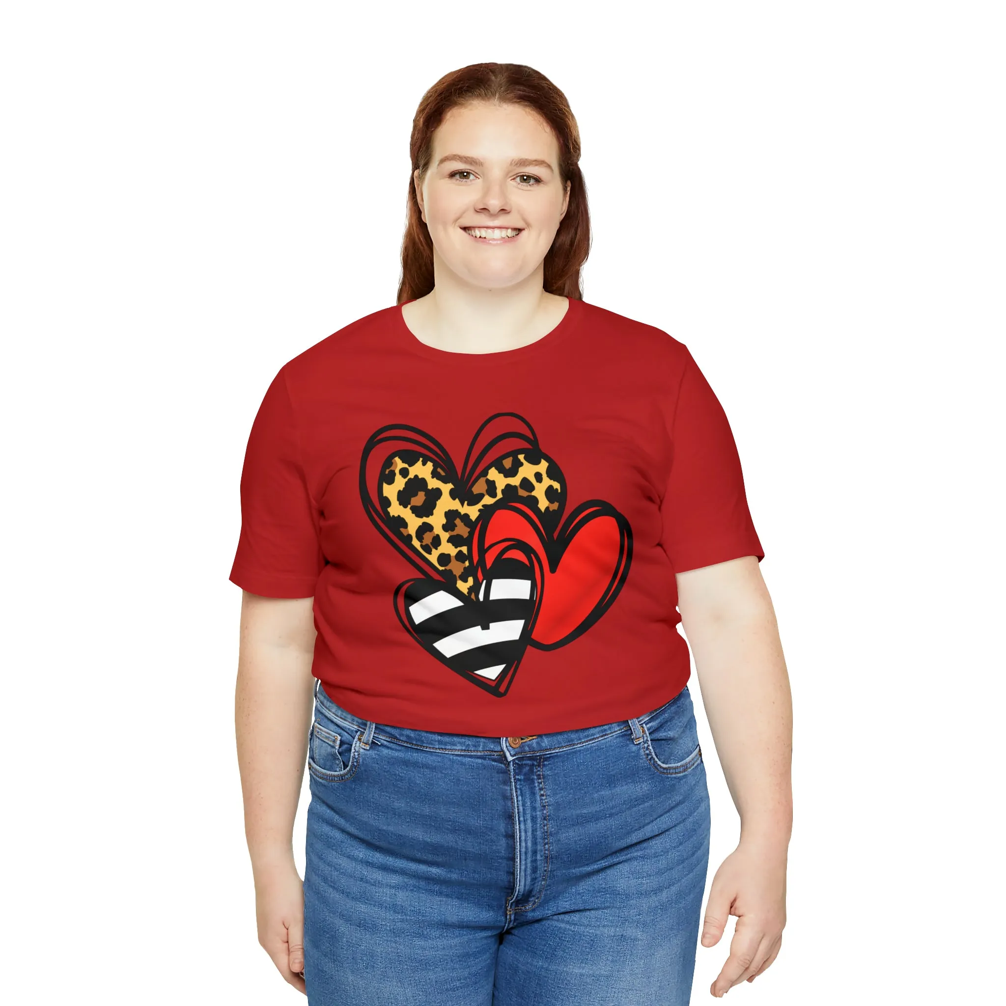 Leopard, Striped, Red Heart T-Shirt | Three Heart Tee |  Bella Canvas 3001 Unisex |  Happy Valentine's Day Short Sleeve Tshirt