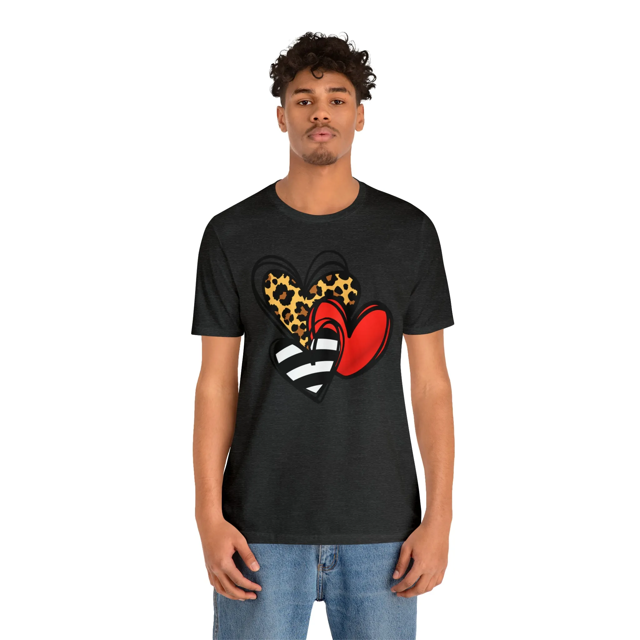 Leopard, Striped, Red Heart T-Shirt | Three Heart Tee |  Bella Canvas 3001 Unisex |  Happy Valentine's Day Short Sleeve Tshirt