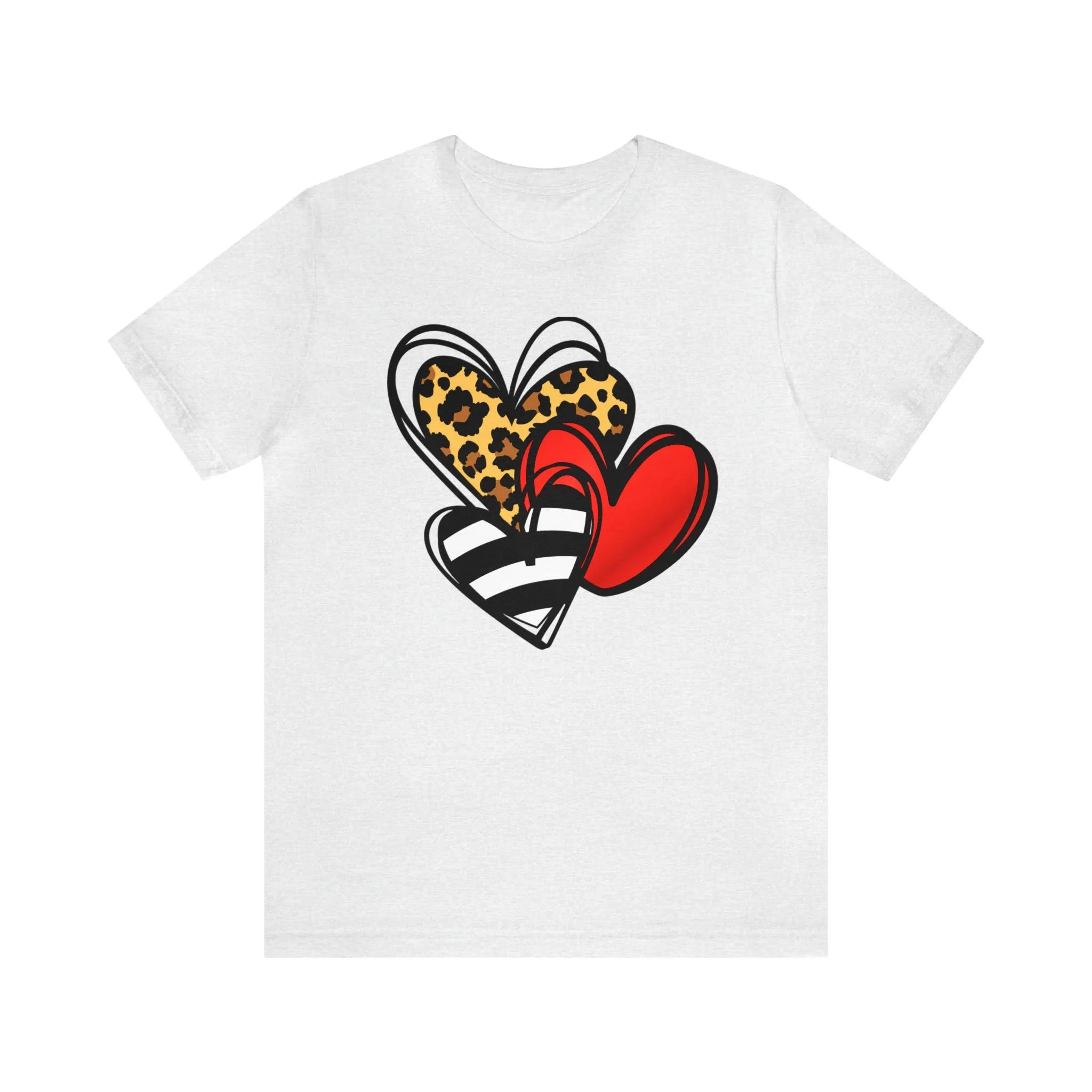 Leopard, Striped, Red Heart T-Shirt | Three Heart Tee |  Bella Canvas 3001 Unisex |  Happy Valentine's Day Short Sleeve Tshirt