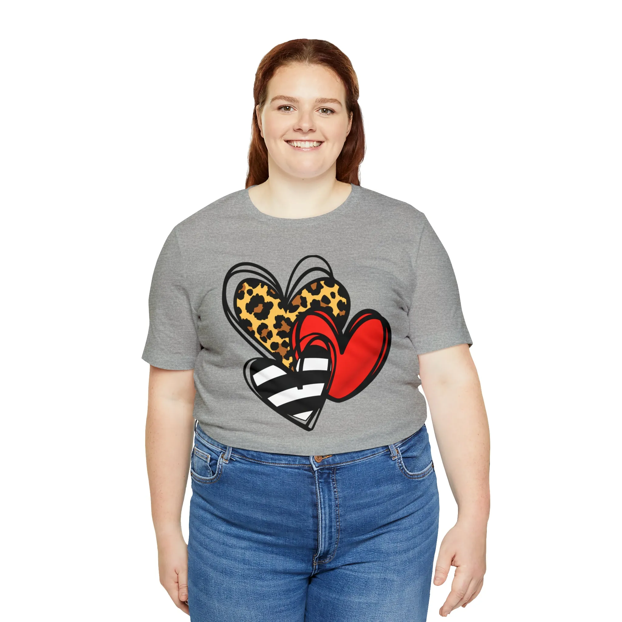 Leopard, Striped, Red Heart T-Shirt | Three Heart Tee |  Bella Canvas 3001 Unisex |  Happy Valentine's Day Short Sleeve Tshirt