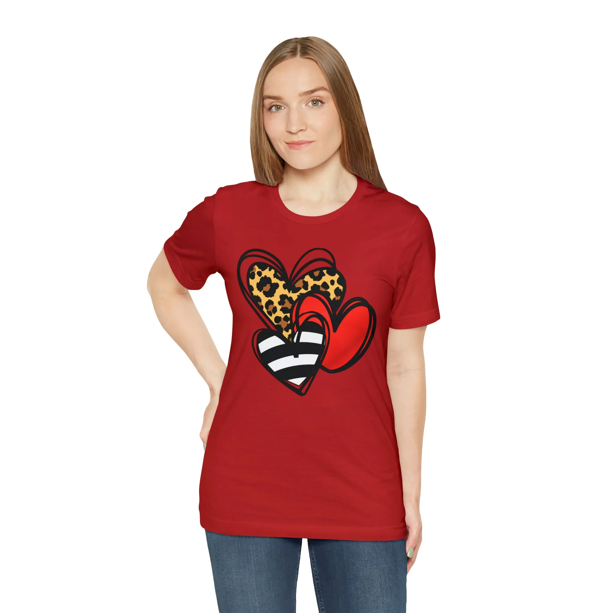 Leopard, Striped, Red Heart T-Shirt | Three Heart Tee |  Bella Canvas 3001 Unisex |  Happy Valentine's Day Short Sleeve Tshirt