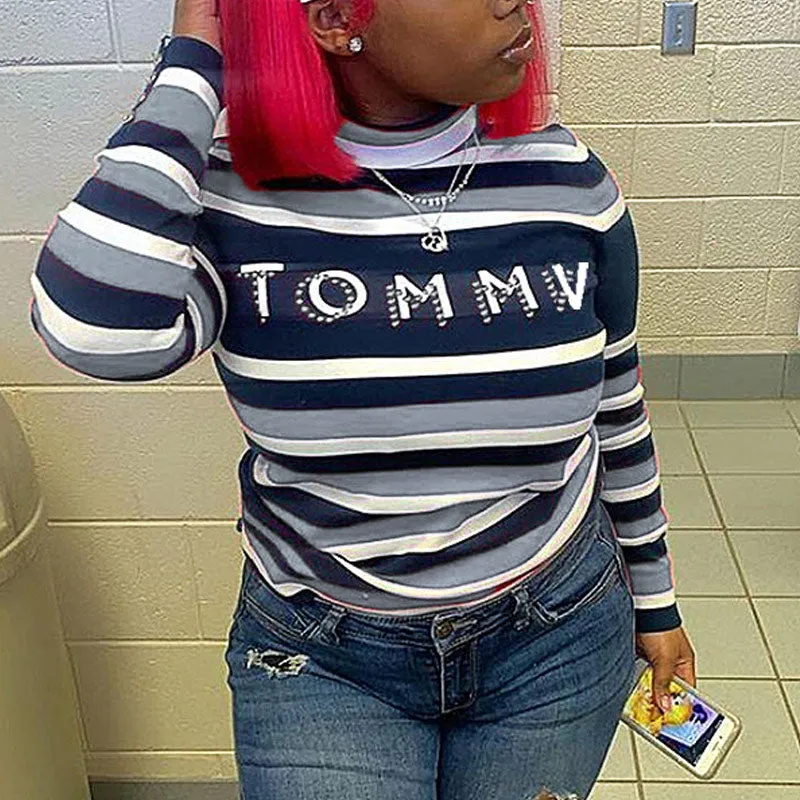 Letter Print Striped Casual T-Shirt
