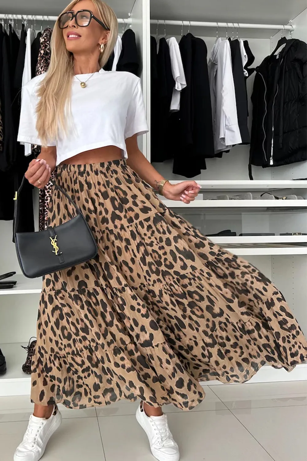 Light French Beige Leopard Print Elastic High Waist Tiered Maxi Skirt