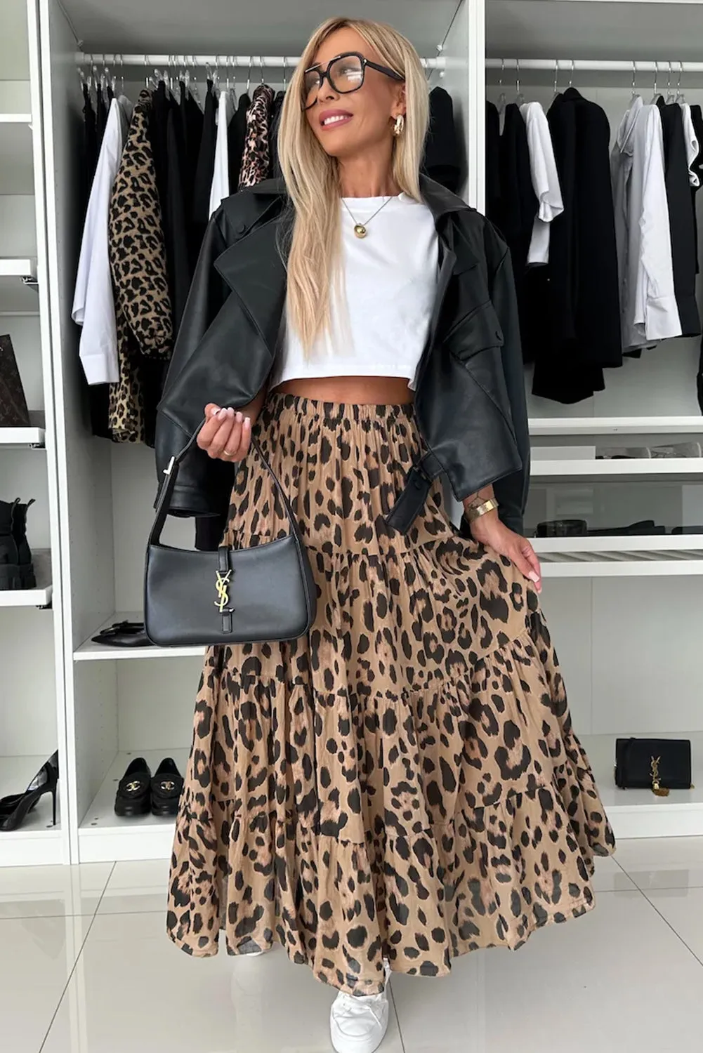 Light French Beige Leopard Print Elastic High Waist Tiered Maxi Skirt