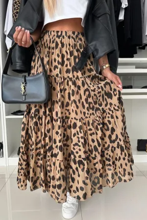 Light French Beige Leopard Print Elastic High Waist Tiered Maxi Skirt