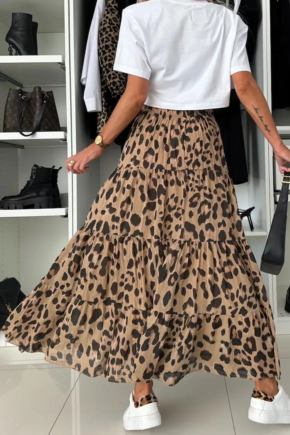 Light French Beige Leopard Print Elastic High Waist Tiered Maxi Skirt