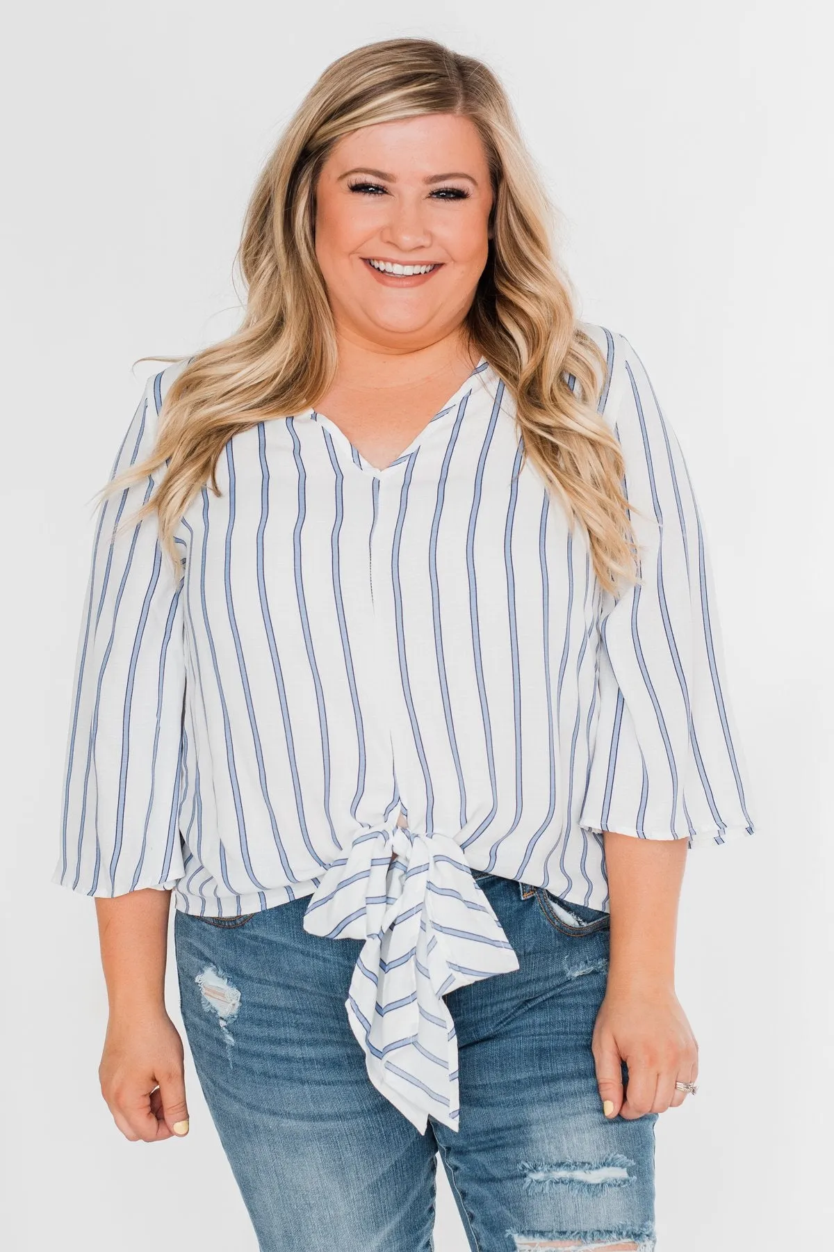 Light Of My Life Striped Blouse- Ivory & Light Blue