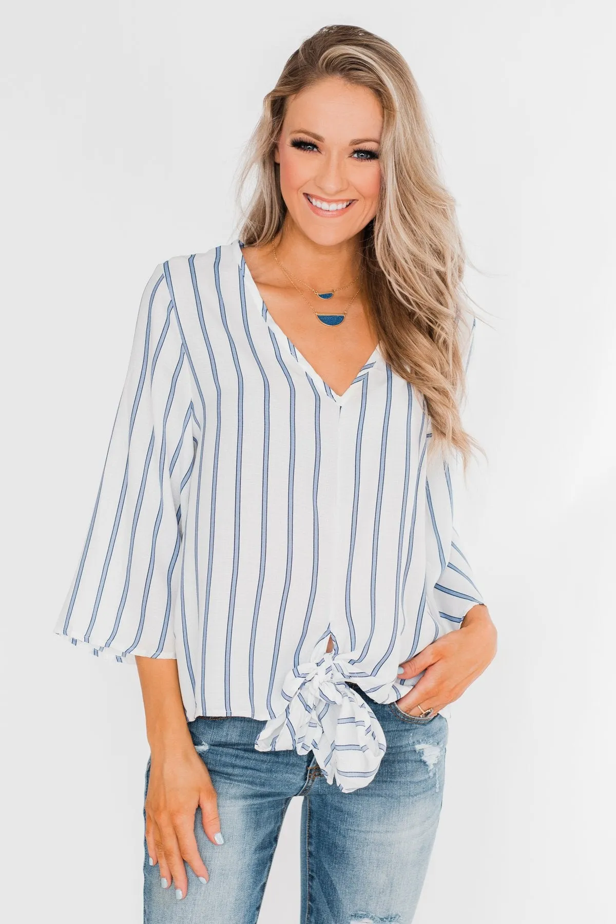 Light Of My Life Striped Blouse- Ivory & Light Blue