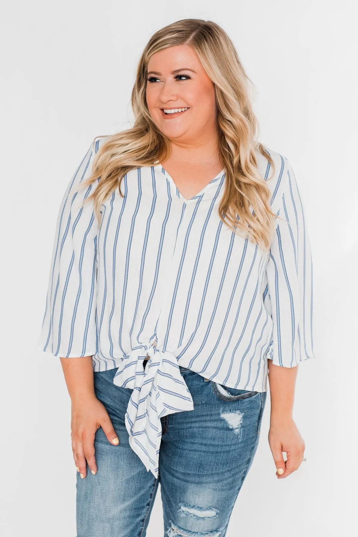 Light Of My Life Striped Blouse- Ivory & Light Blue