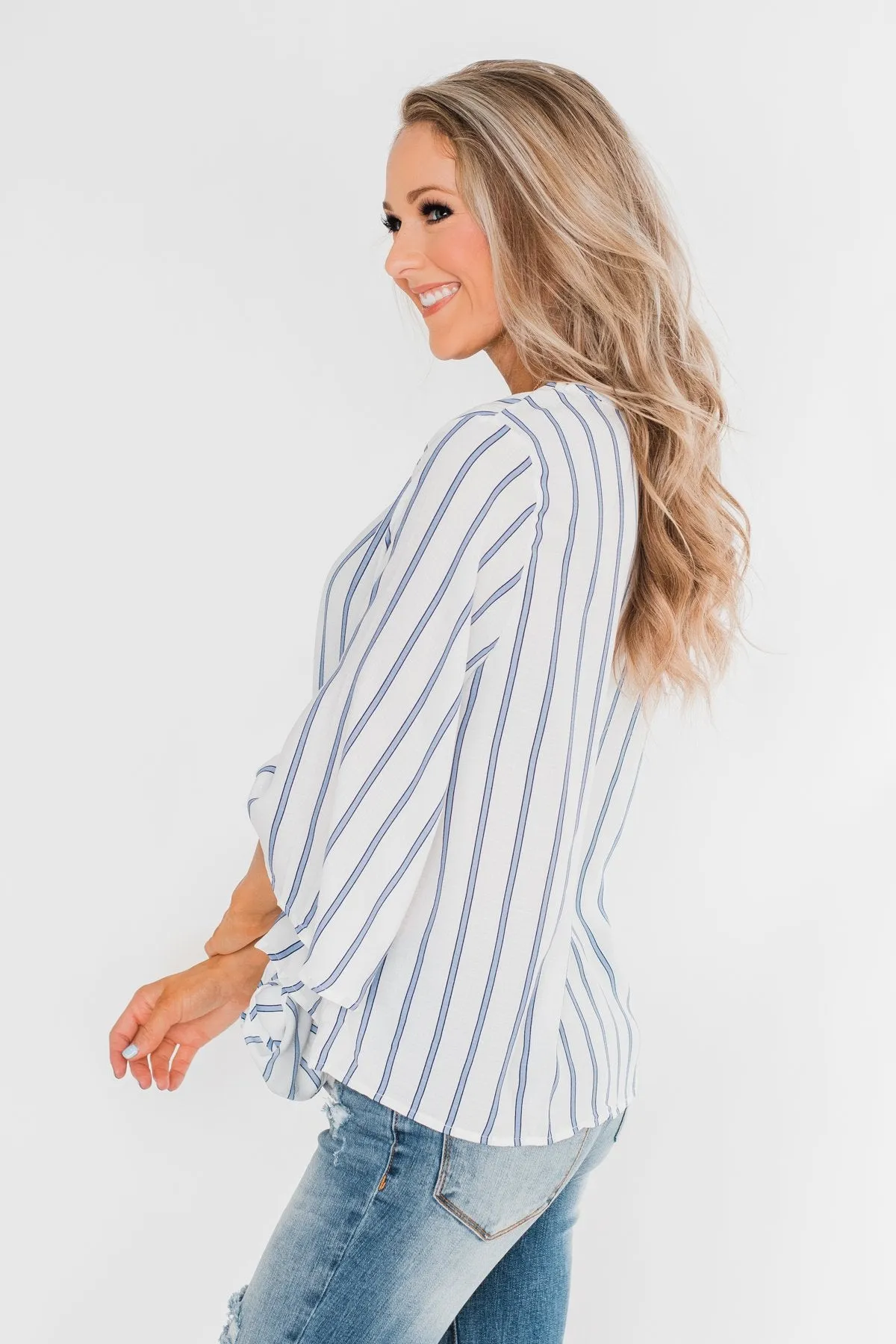 Light Of My Life Striped Blouse- Ivory & Light Blue