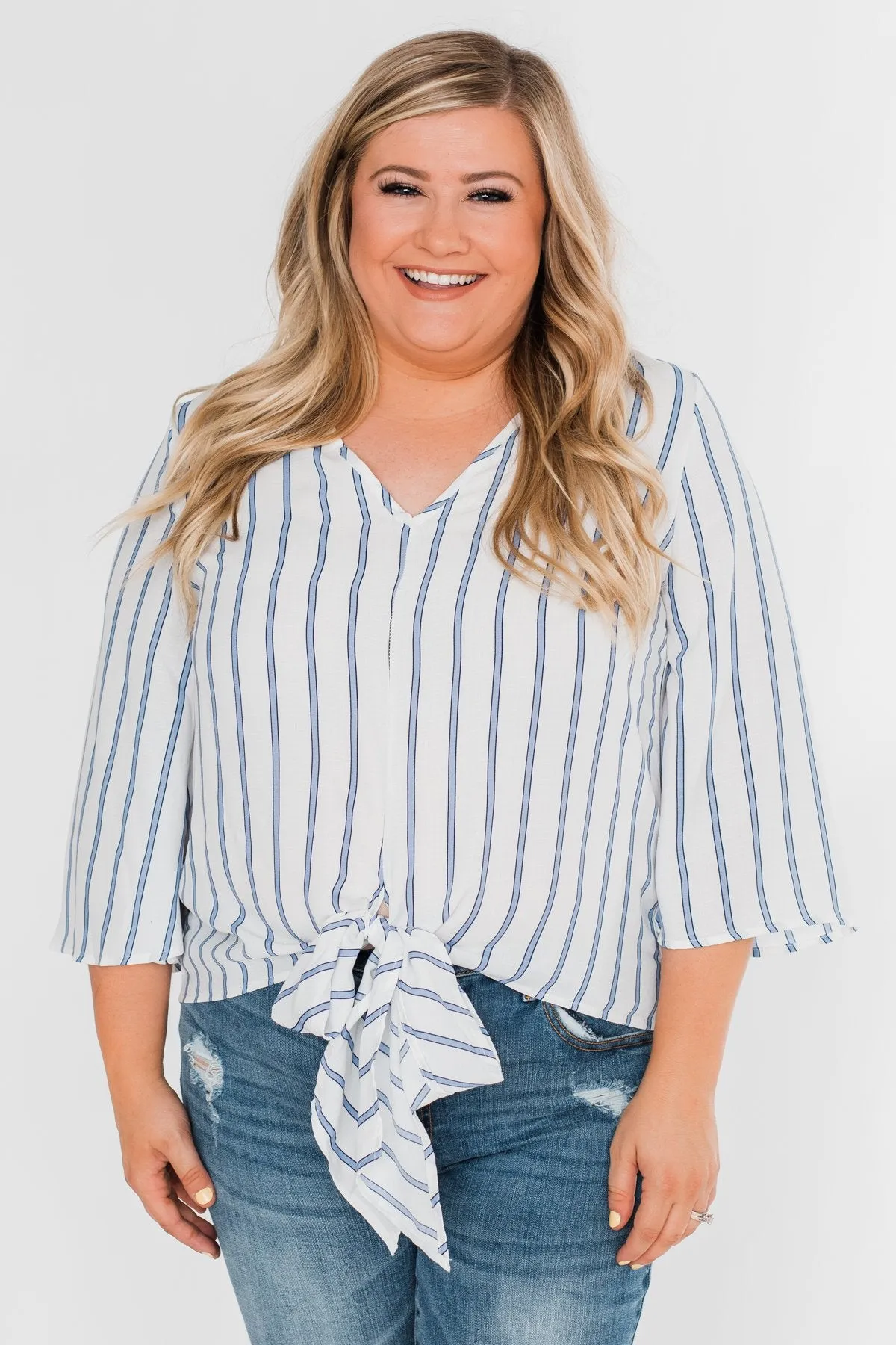 Light Of My Life Striped Blouse- Ivory & Light Blue
