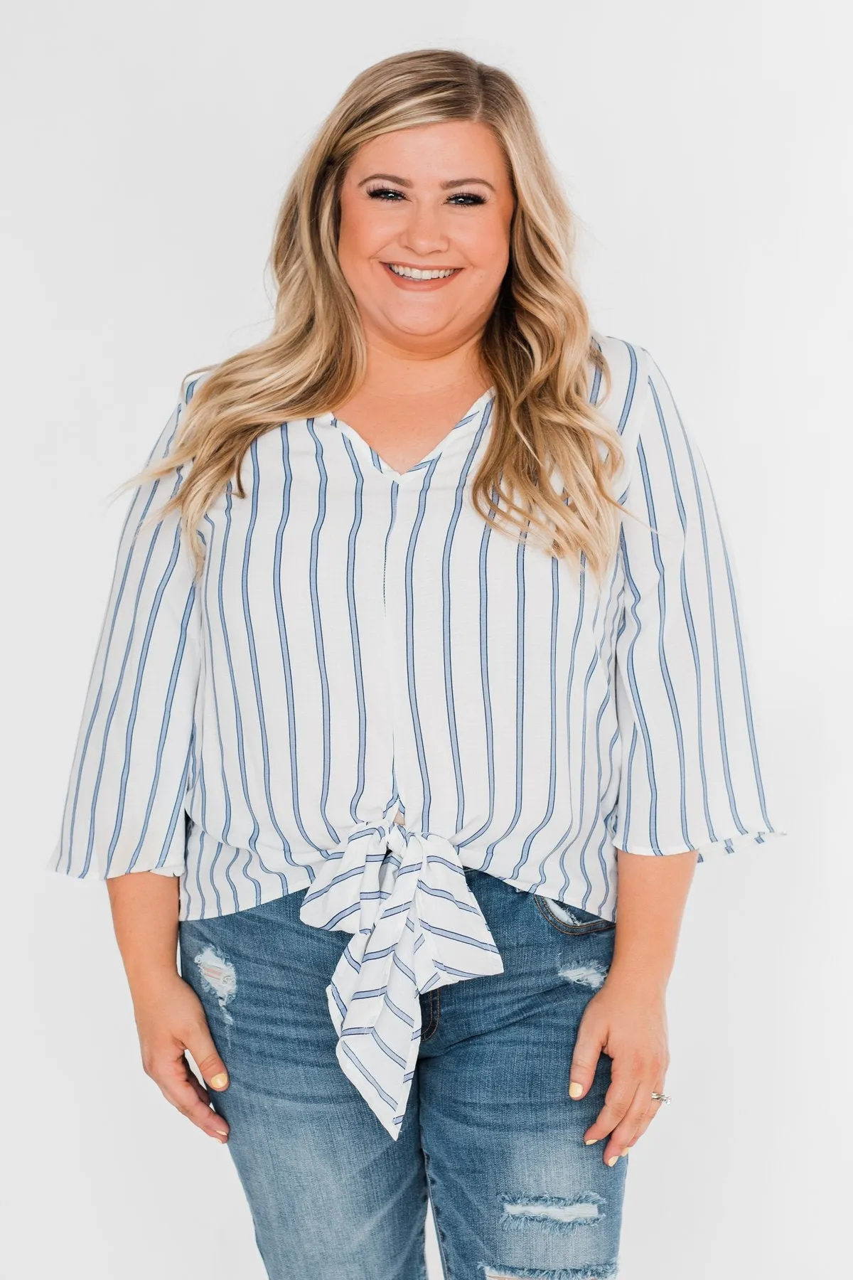 Light Of My Life Striped Blouse- Ivory & Light Blue