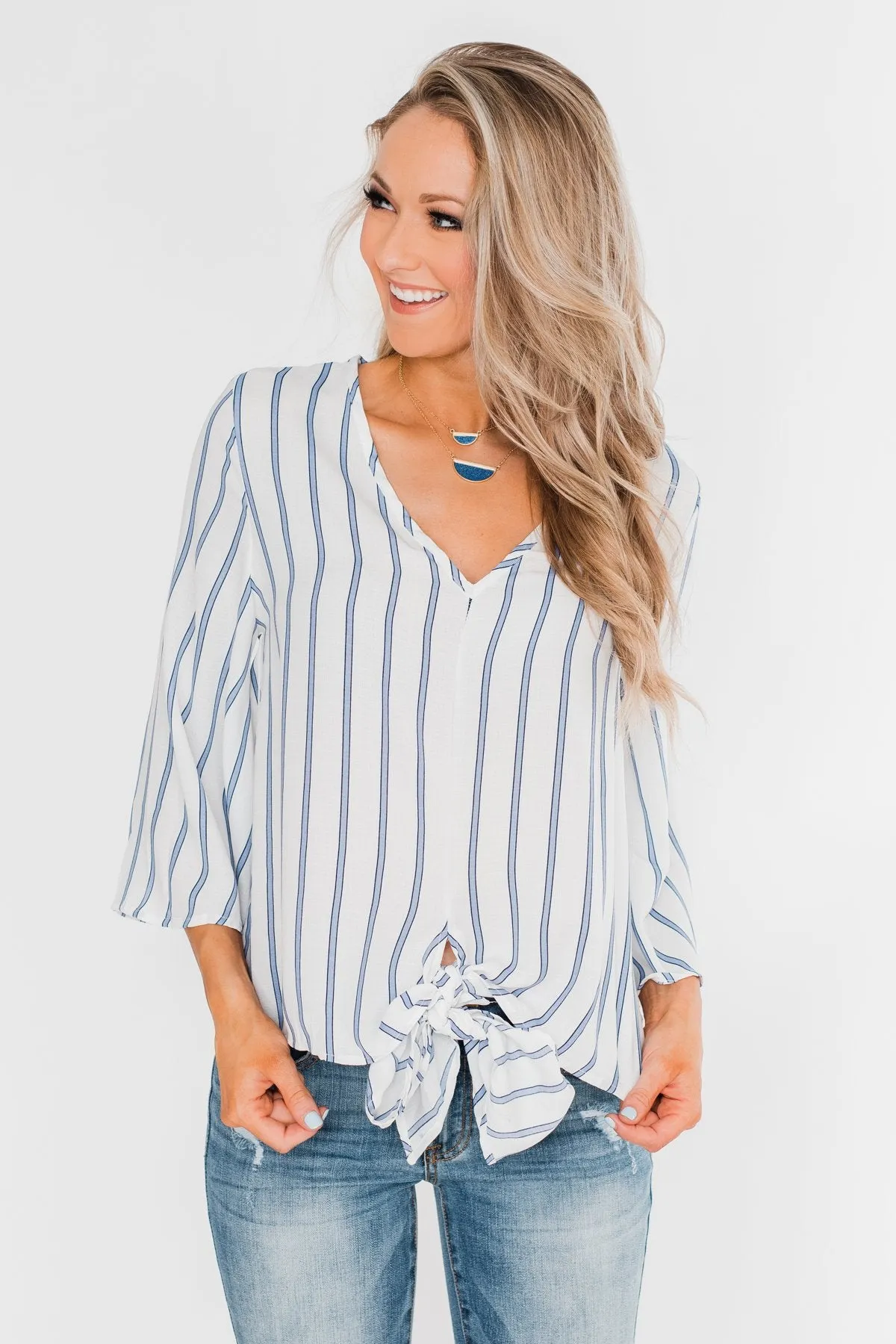 Light Of My Life Striped Blouse- Ivory & Light Blue