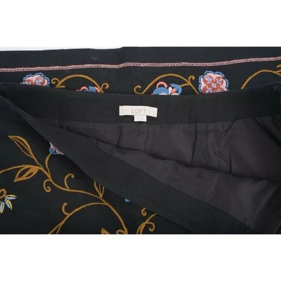 LOFT Womens Floral Embroidered Skirt Sz 2 MultiColor Black A-Line Short
