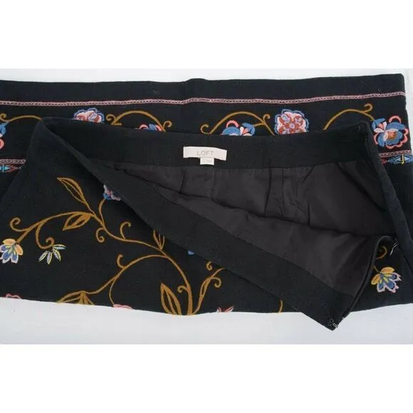 LOFT Womens Floral Embroidered Skirt Sz 2 MultiColor Black A-Line Short