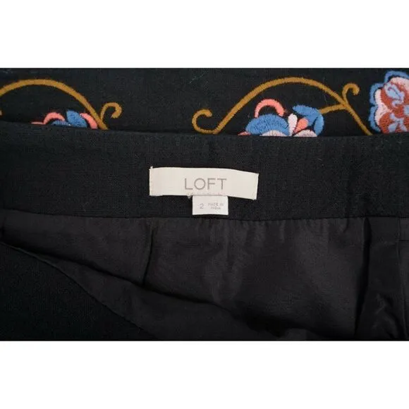 LOFT Womens Floral Embroidered Skirt Sz 2 MultiColor Black A-Line Short