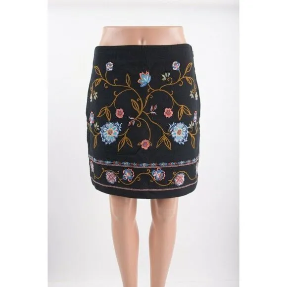 LOFT Womens Floral Embroidered Skirt Sz 2 MultiColor Black A-Line Short