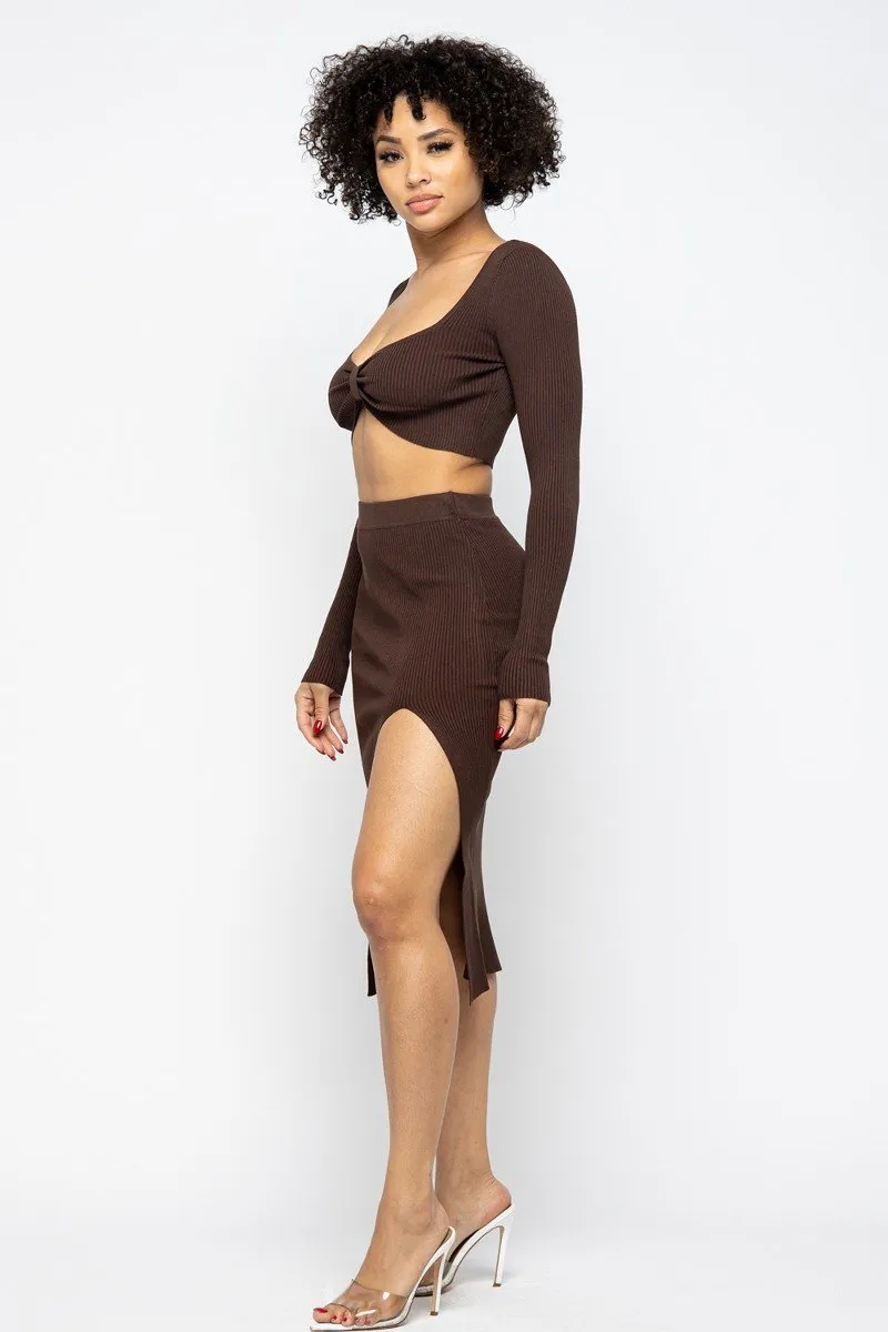 Long Sleeve Top and High Slit Skirt Set