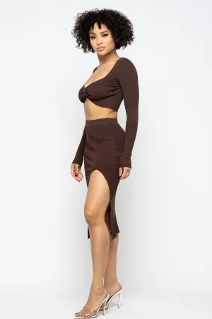 Long Sleeve Top and High Slit Skirt Set