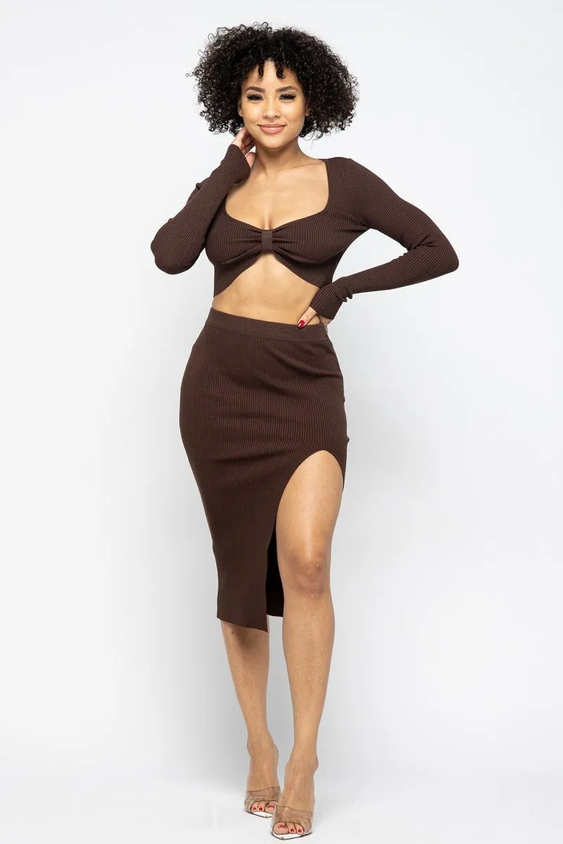 Long Sleeve Top and High Slit Skirt Set