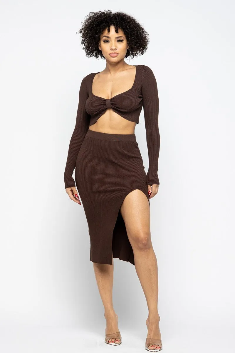 Long Sleeve Top and High Slit Skirt Set