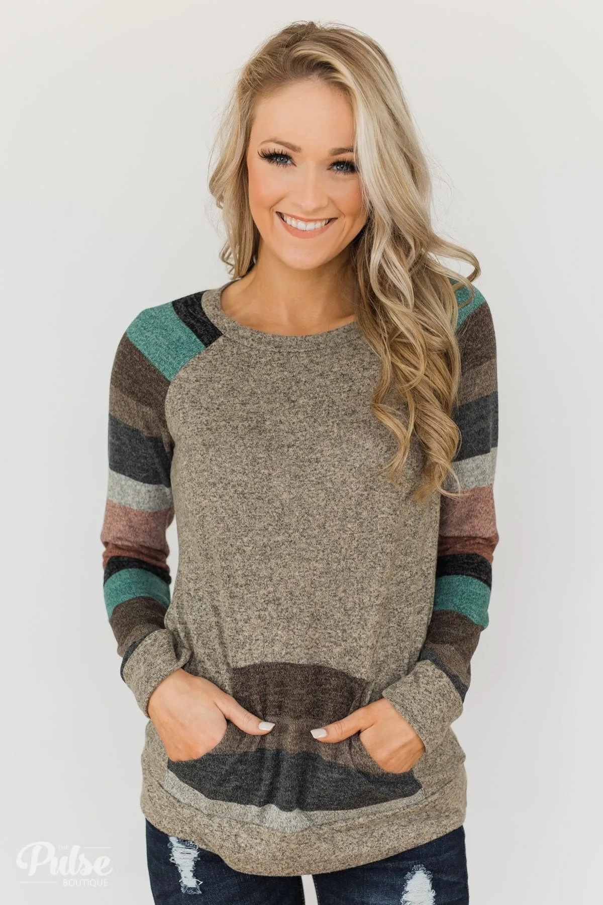 Look My Way Pullover Pocket Top- Taupe