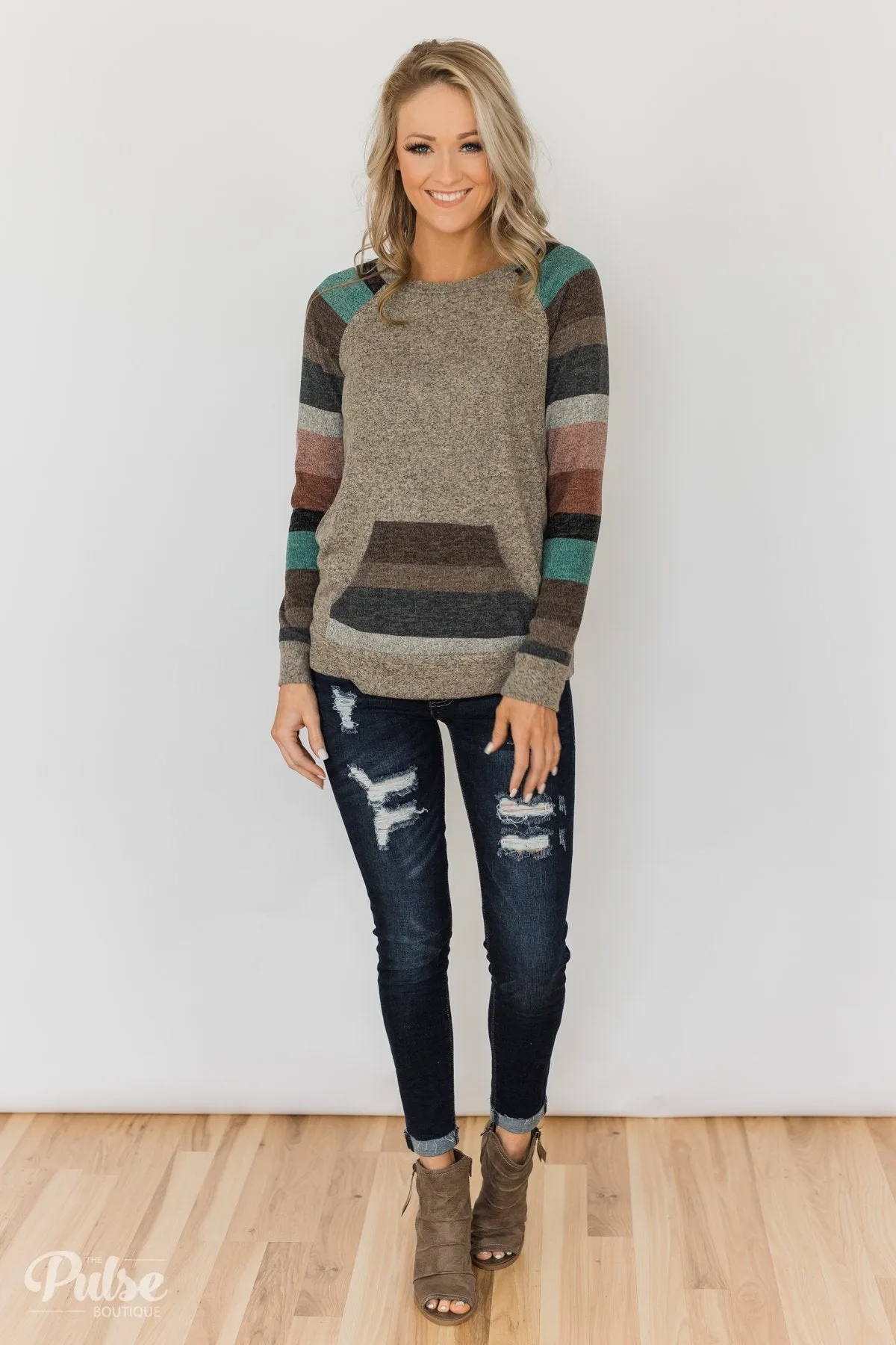 Look My Way Pullover Pocket Top- Taupe
