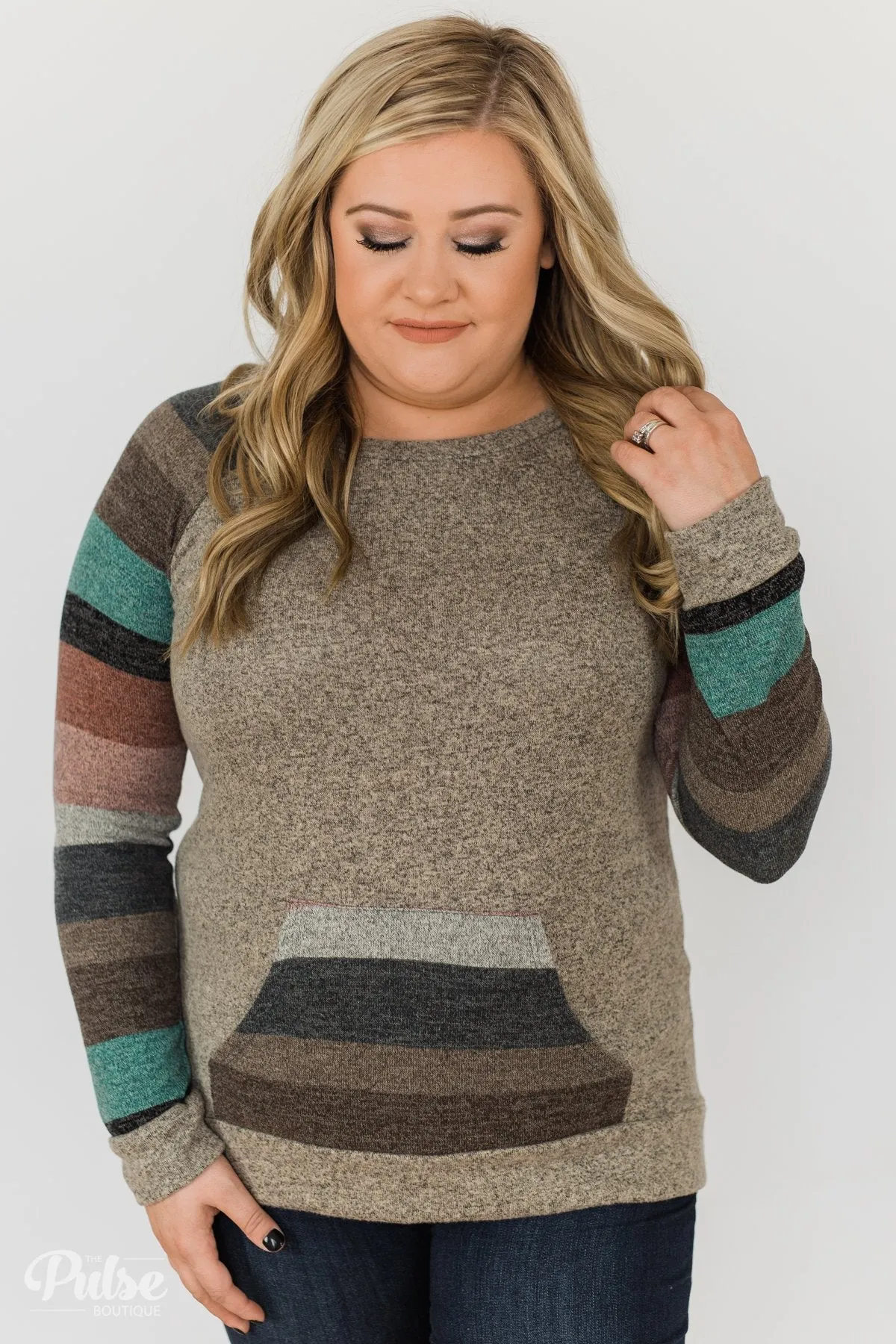 Look My Way Pullover Pocket Top- Taupe