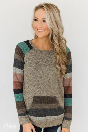 Look My Way Pullover Pocket Top- Taupe