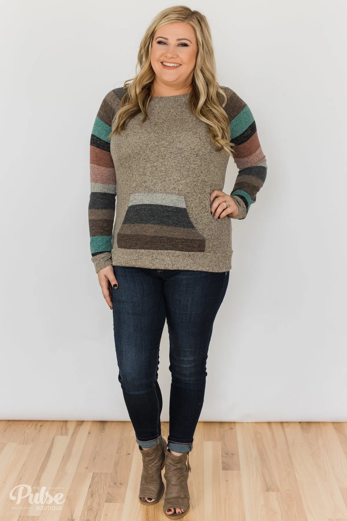 Look My Way Pullover Pocket Top- Taupe