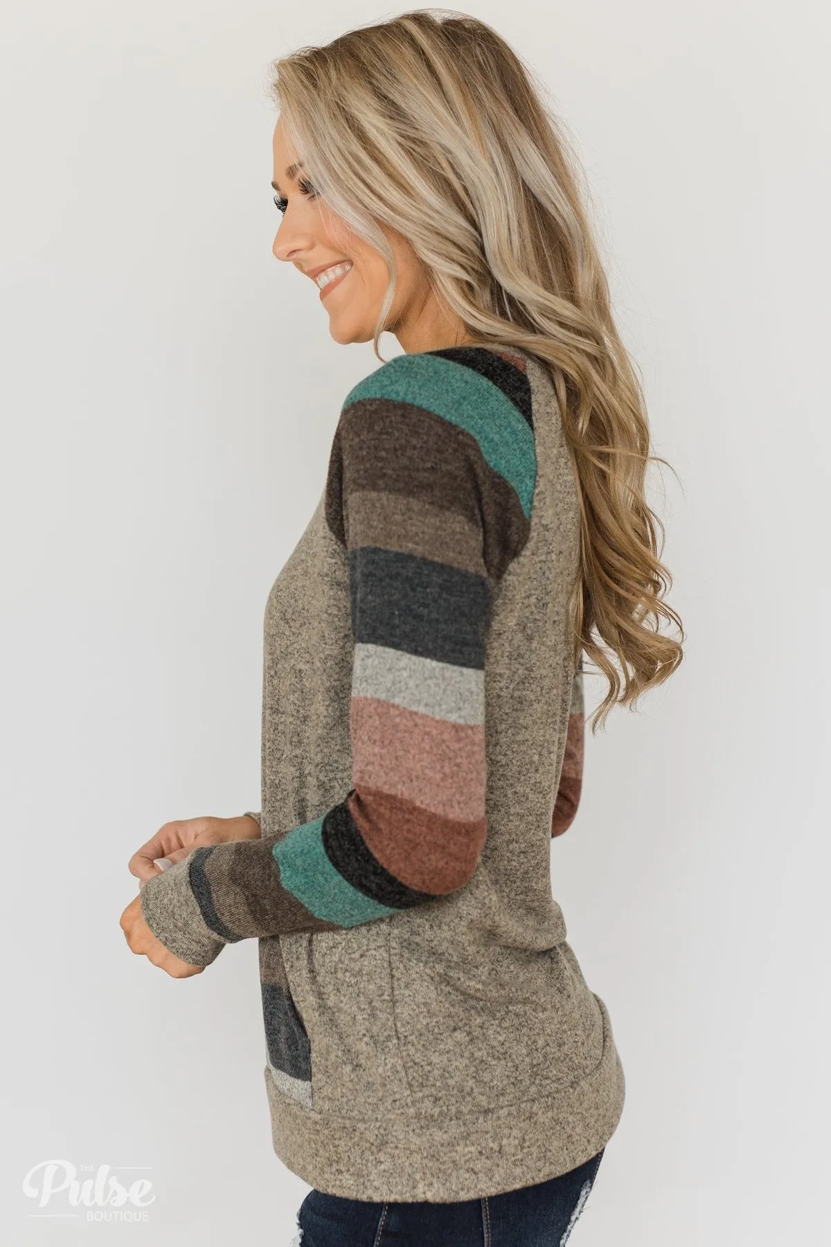 Look My Way Pullover Pocket Top- Taupe