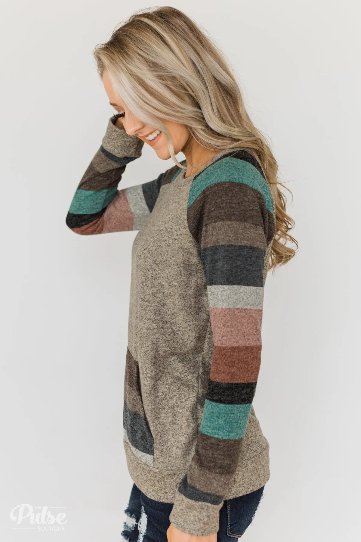 Look My Way Pullover Pocket Top- Taupe