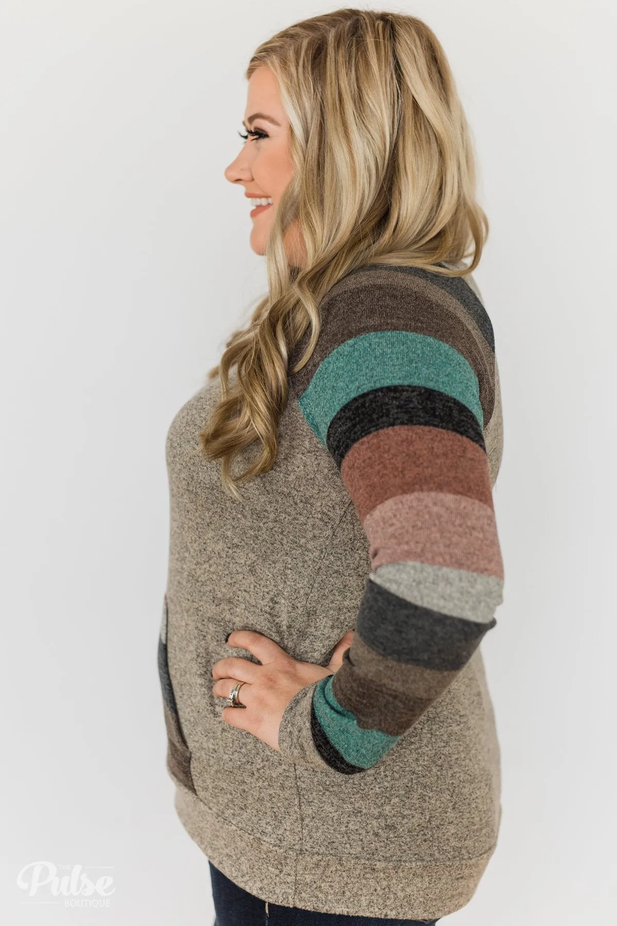 Look My Way Pullover Pocket Top- Taupe