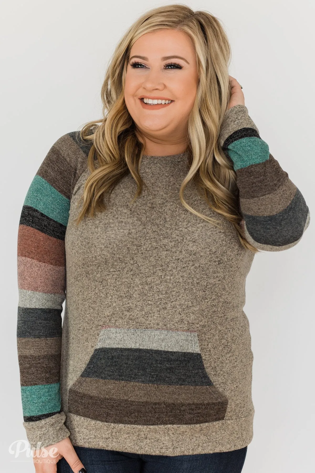 Look My Way Pullover Pocket Top- Taupe