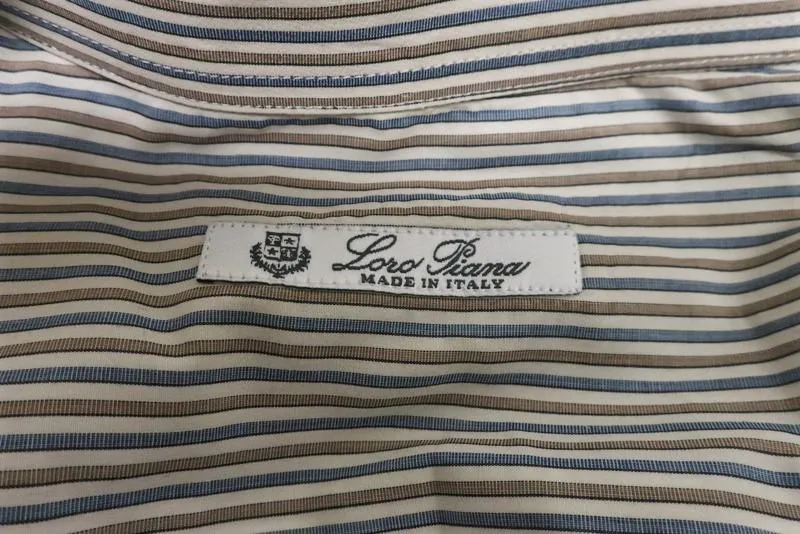 Loro Piana Collared Shirt White/Blue/Tan Striped Cotton Size 40 - 15 3/4