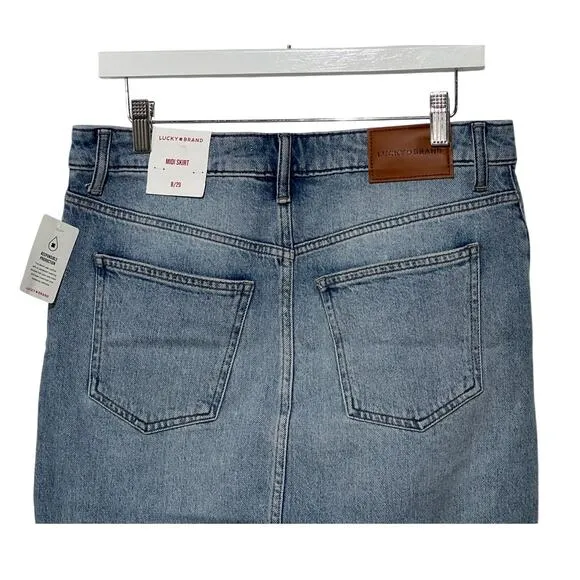 LUCKY BRAND WOMENS 8/29 DENIM JEAN MIDI SKIRT STRETCH MEDIUM WASH BLUE