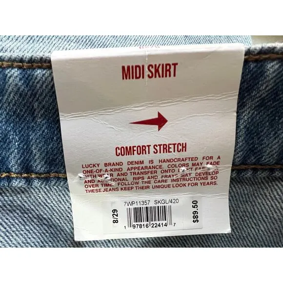 LUCKY BRAND WOMENS 8/29 DENIM JEAN MIDI SKIRT STRETCH MEDIUM WASH BLUE