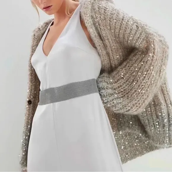 Luxurious Chunky Sparkle   Zipper Cardigan Sweater in Khaki