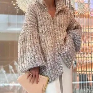 Luxurious Chunky Sparkle   Zipper Cardigan Sweater in Khaki