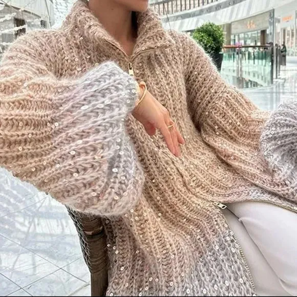 Luxurious Chunky Sparkle   Zipper Cardigan Sweater in Khaki