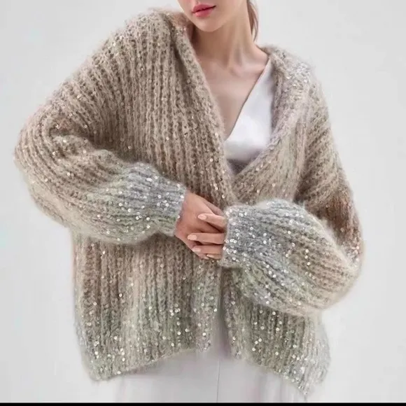 Luxurious Chunky Sparkle   Zipper Cardigan Sweater in Khaki