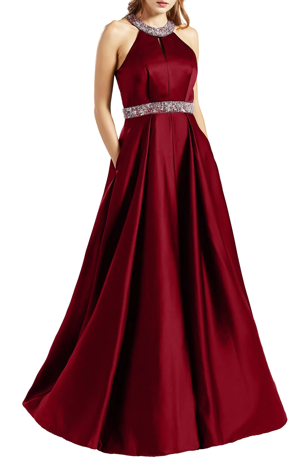 MACloth Women Satin Prom Dresses with Pockets Halter Long Formal Evening Gown
