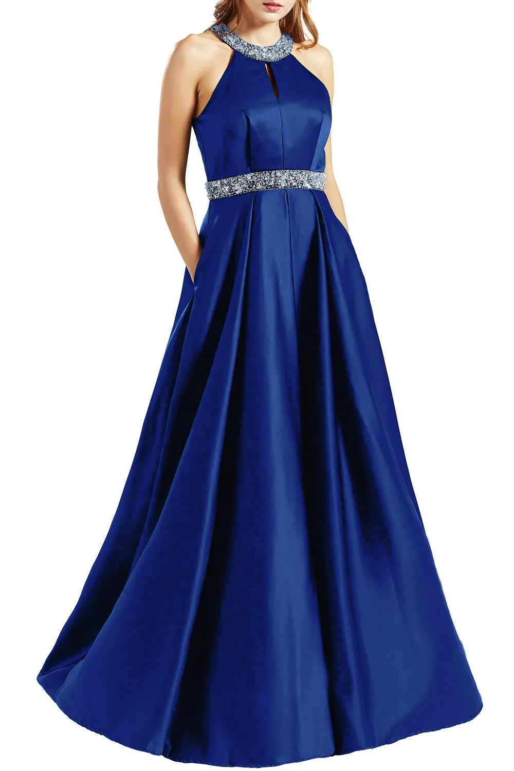 MACloth Women Satin Prom Dresses with Pockets Halter Long Formal Evening Gown