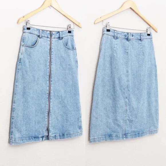 Madewell Denim Zip Midi Skirt in Janice Wash Size 26 Stretch Jean Full Zip $88