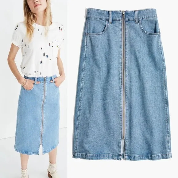 Madewell Denim Zip Midi Skirt in Janice Wash Size 26 Stretch Jean Full Zip $88