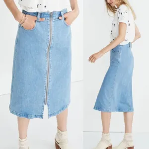 Madewell Denim Zip Midi Skirt in Janice Wash Size 26 Stretch Jean Full Zip $88
