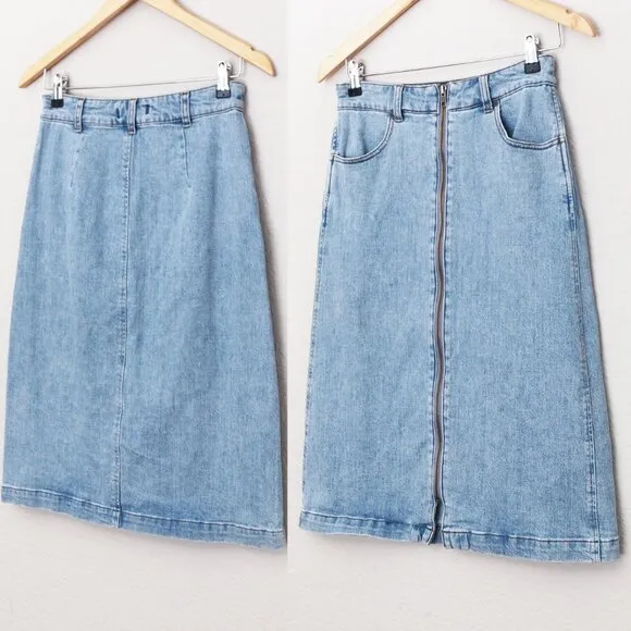 Madewell Denim Zip Midi Skirt in Janice Wash Size 26 Stretch Jean Full Zip $88