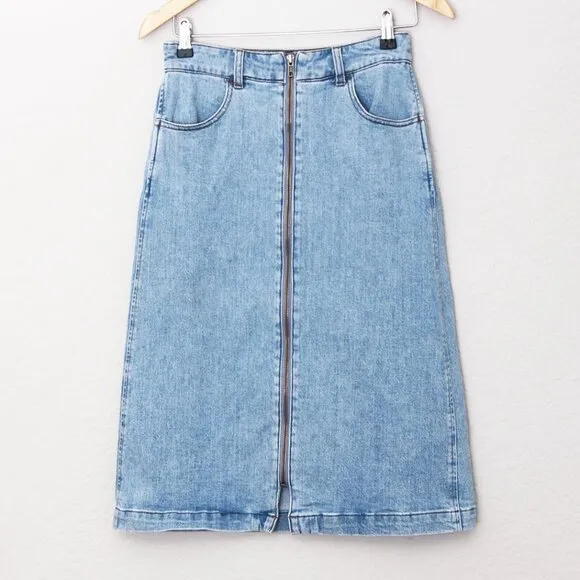 Madewell Denim Zip Midi Skirt in Janice Wash Size 26 Stretch Jean Full Zip $88