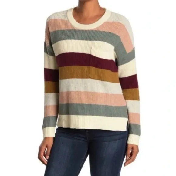 Madewell Sweater Thompson Rainbow Stripe Pocket Pullover Long Sleeve Knit 1X
