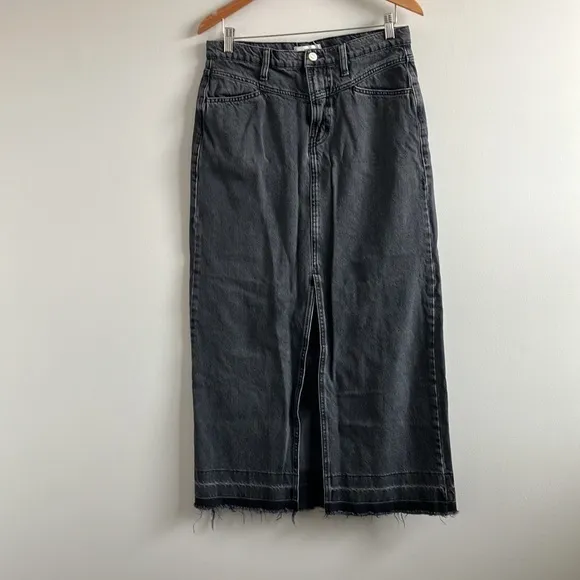 Mango black denim maxi skirt size Large acid wash raw hem